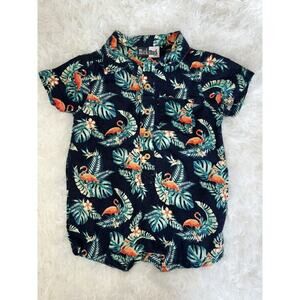 Mick Mack Boys Sz. 6/9 Mo. Linen blend Flamingo Design collar Romper. Adorable